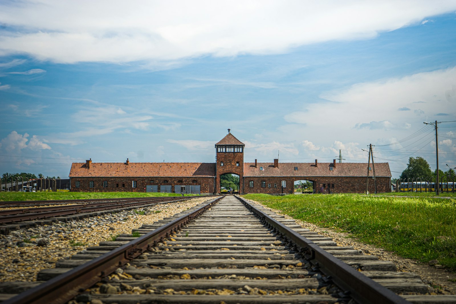 The rail entrance and gatehouse at Auschwitz II-Birkenau, Poland